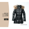 Europeo de diseño largo invierno cálido Chicas negro largo ganso Down Jacket con capucha de piel